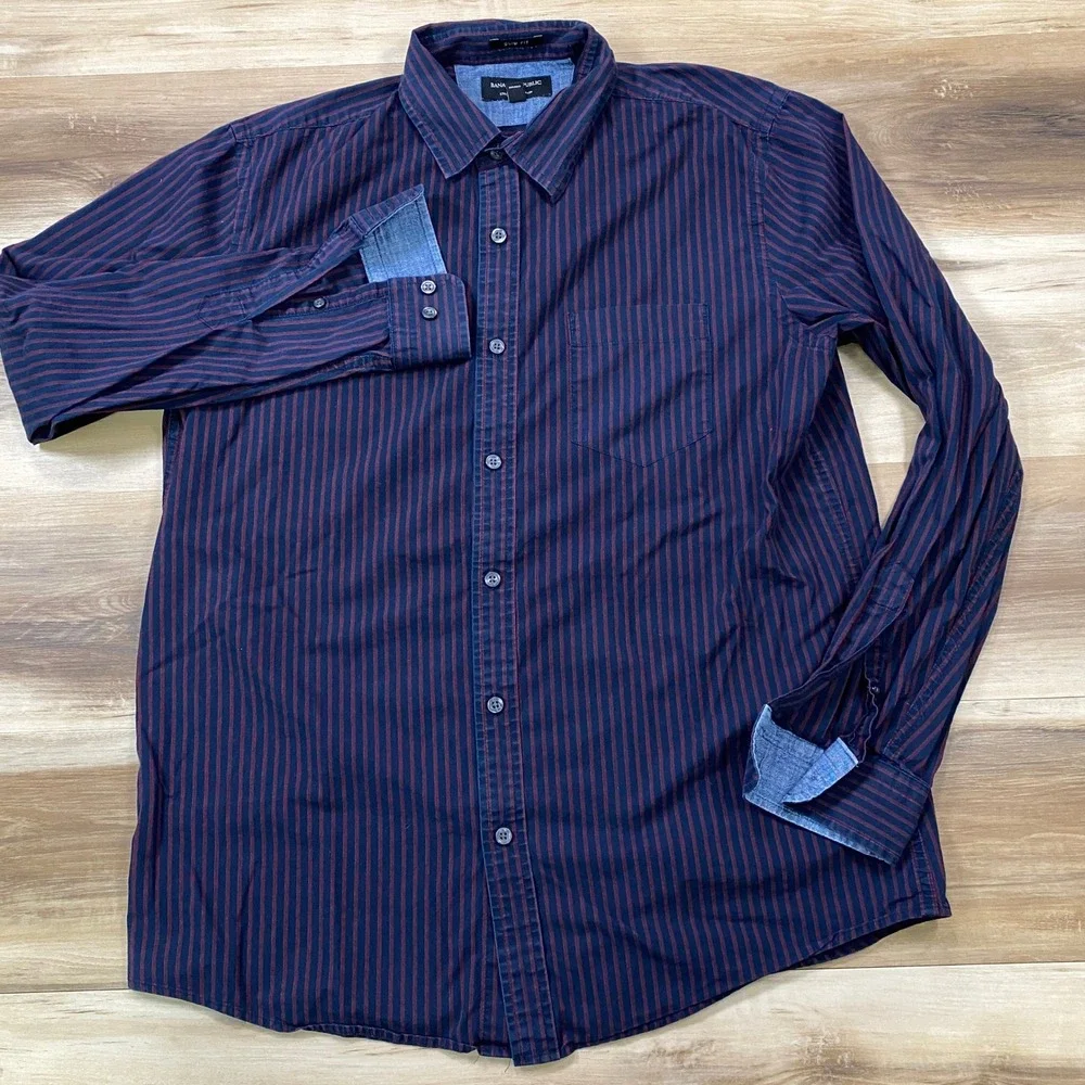 Banana Republic Button Down Men L Stretch Soft Wash Slim Navy Burgundy Stripe